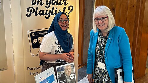 Beatrice Wishart MSP at the Playlist for Life stand in the Scottish Parliament