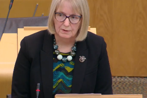 Beatrice Wishart MSP standing at lectern in Scottish Parliament chamber